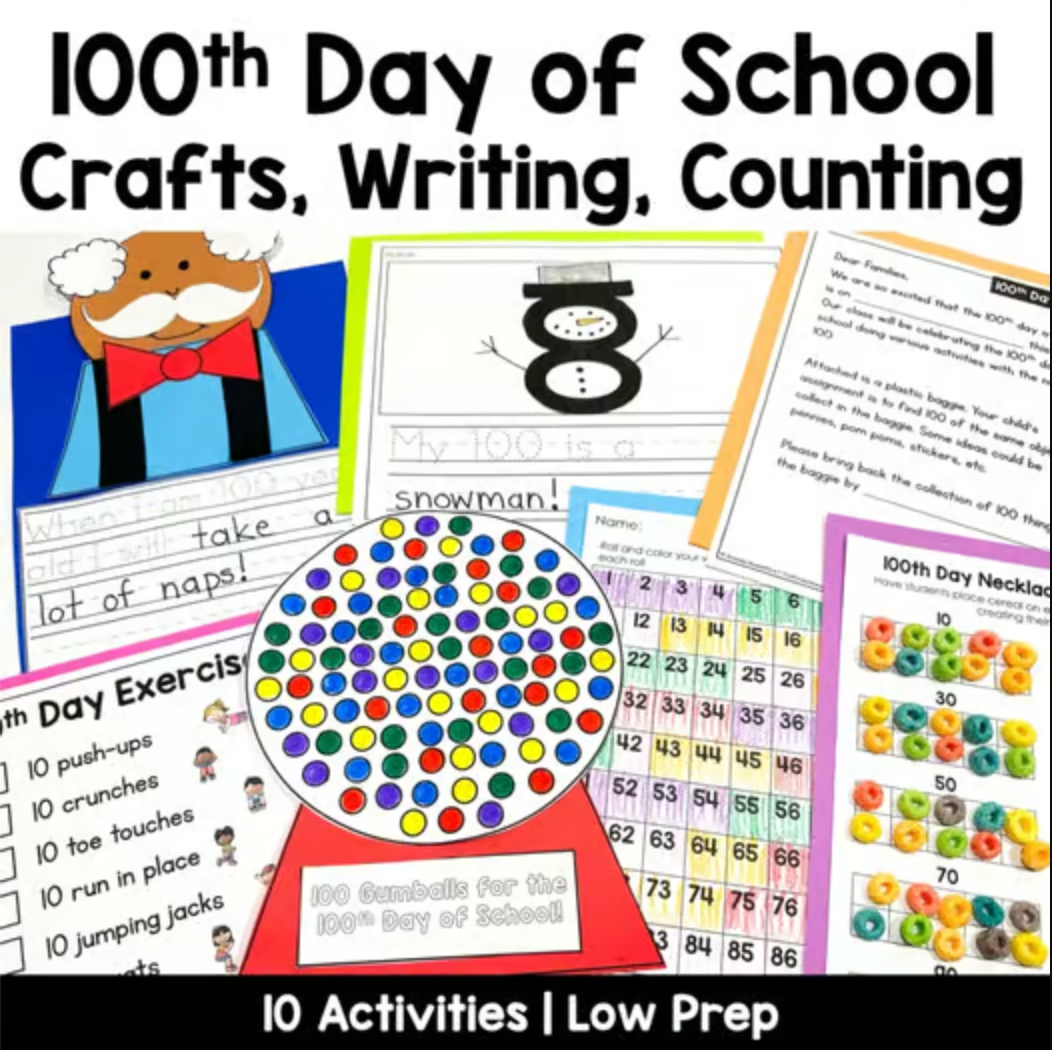 100th Day of School Crafts, Writing, and Math Activities for Kindergarten