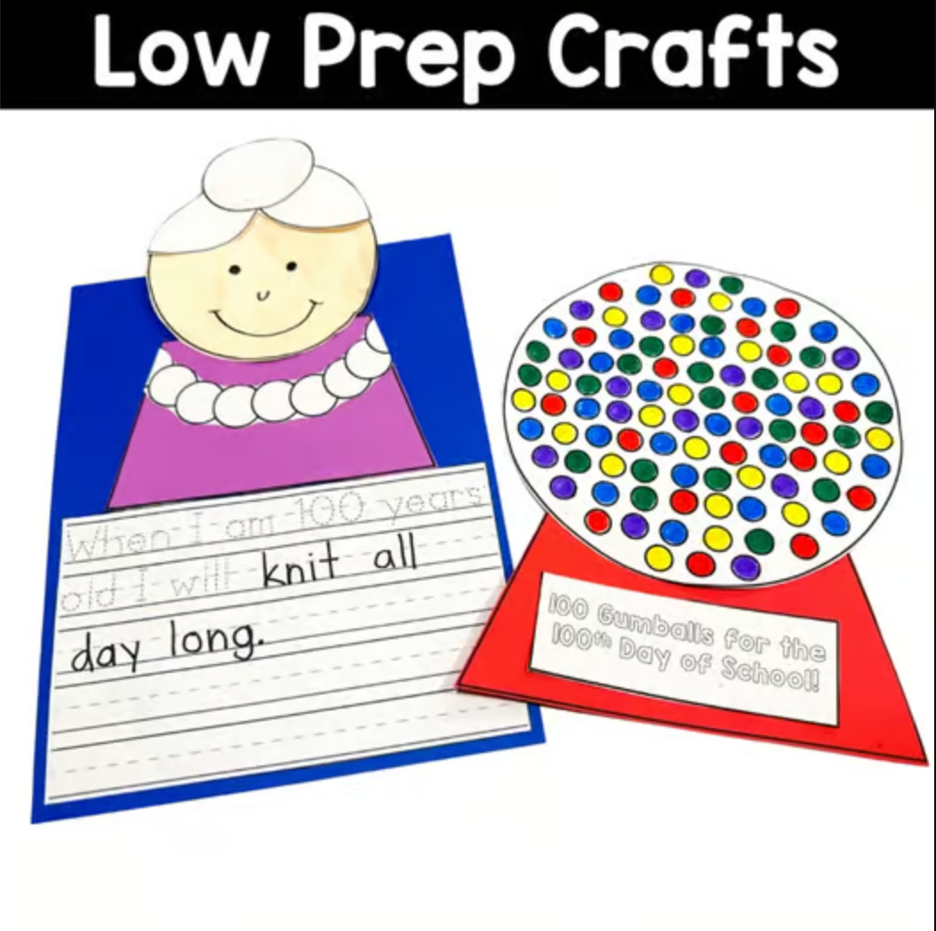 100th Day of School Crafts, Writing, and Math Activities for Kindergarten