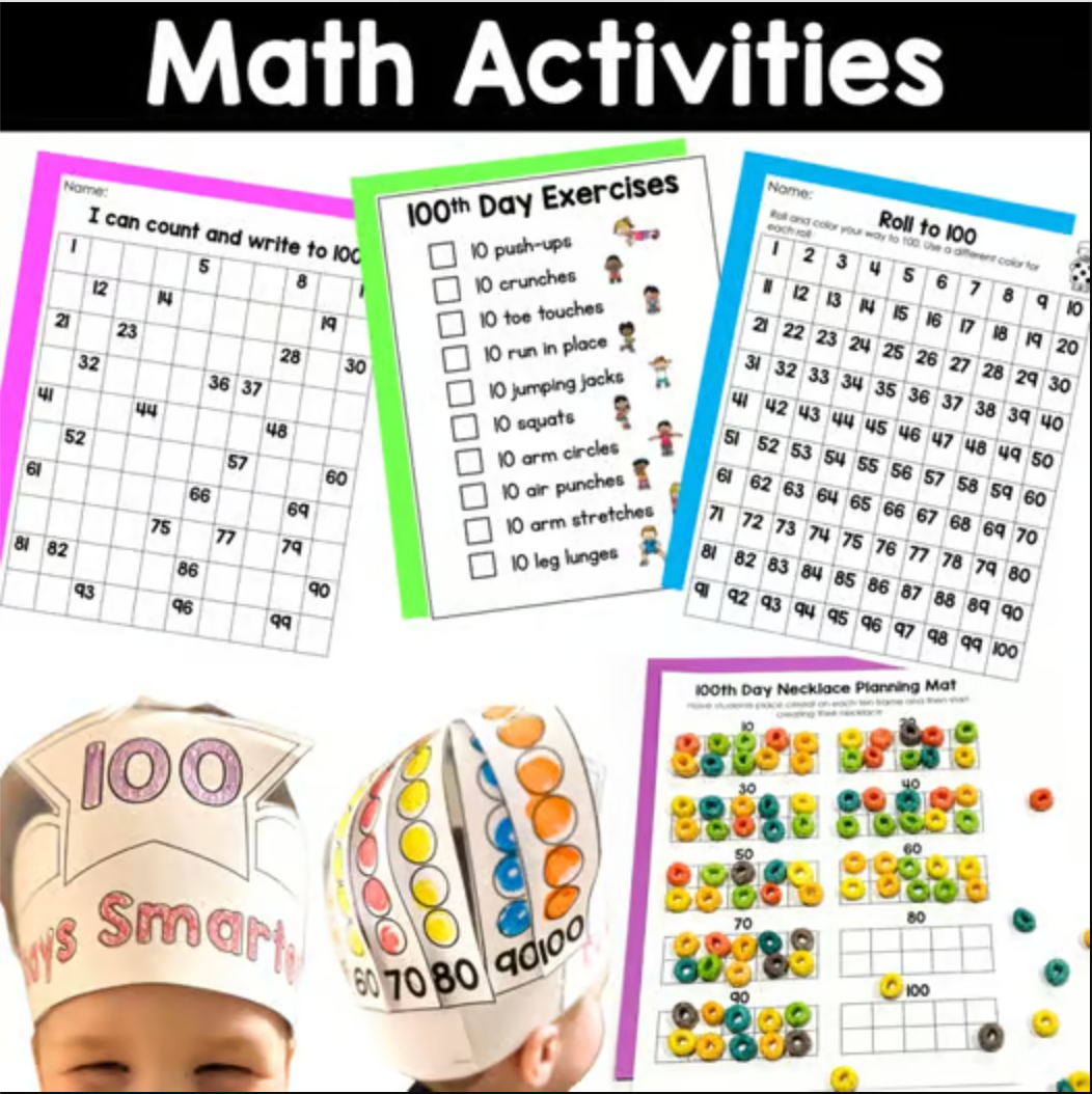 100th Day of School Crafts, Writing, and Math Activities for Kindergarten